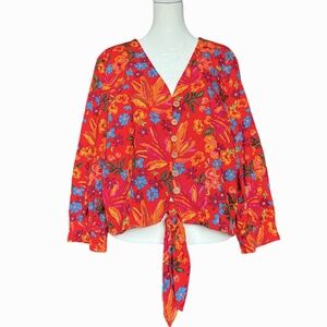 Maison d'Amelie Linen Blend Red and‎ Orange Floral Blouse Sz XL